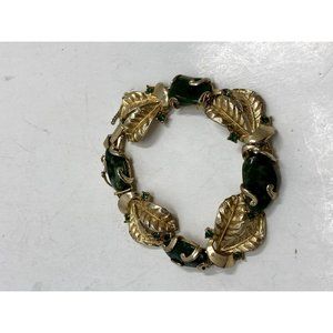 Vintage Denbe Hefty Green stone and Green Rhinestone Gold Tone Ornate Bracelet